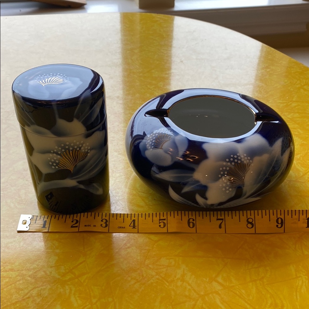 Elegant Vintage Blue and White Ceramic Cigarette Set. Made in Japan. No damage.